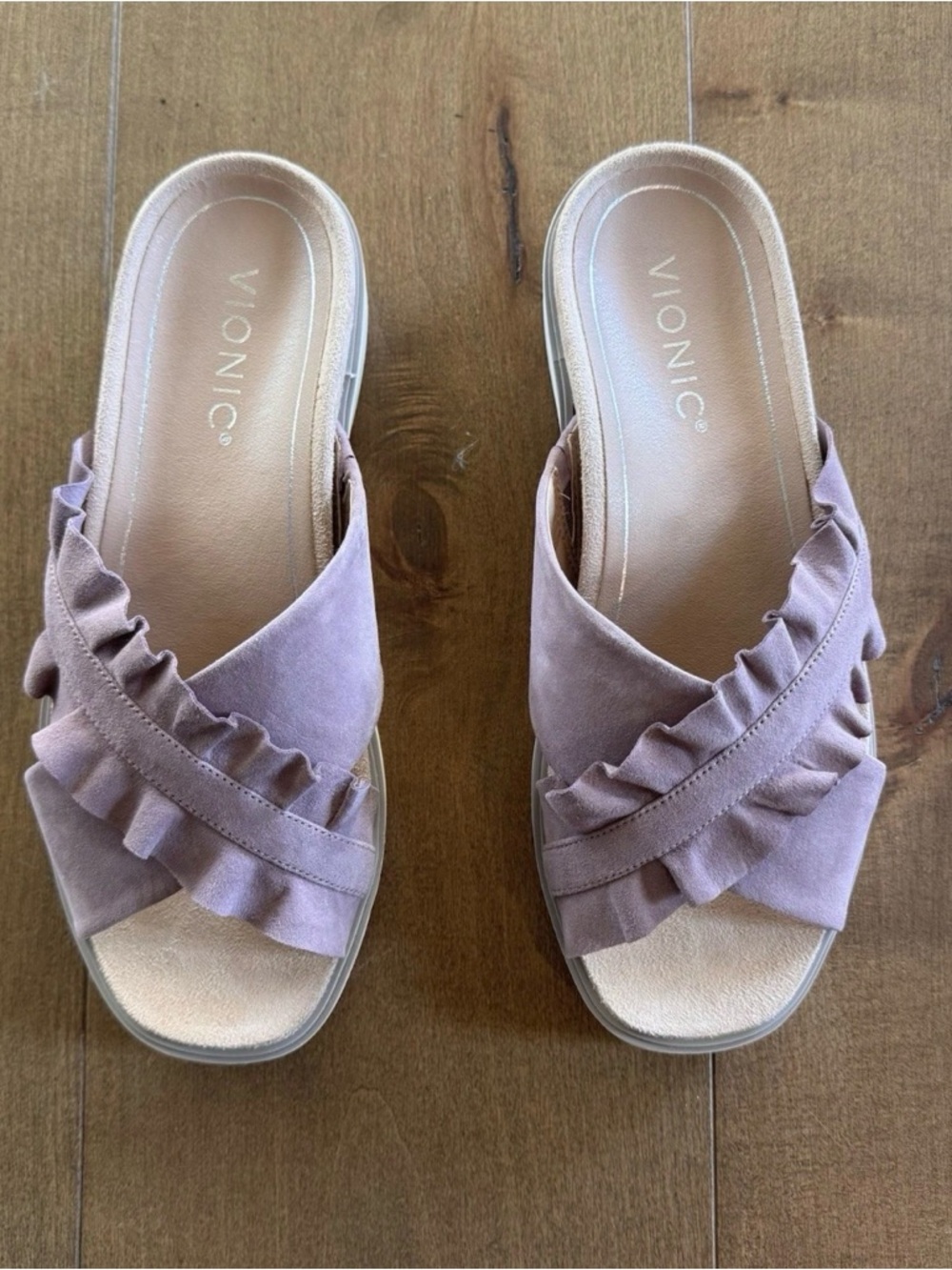Vionic Azalea Ruffle Slide Sandals Pink Mauve Suede Comfort Size 6.5 NWOB - Picture 5 of 10
